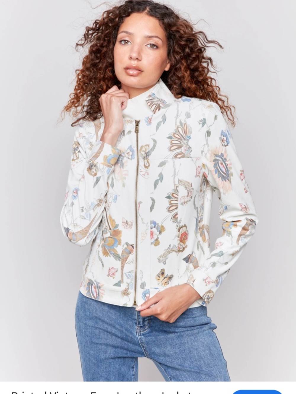 CHARLIE B White Floral Zip Faux Leather Jacket